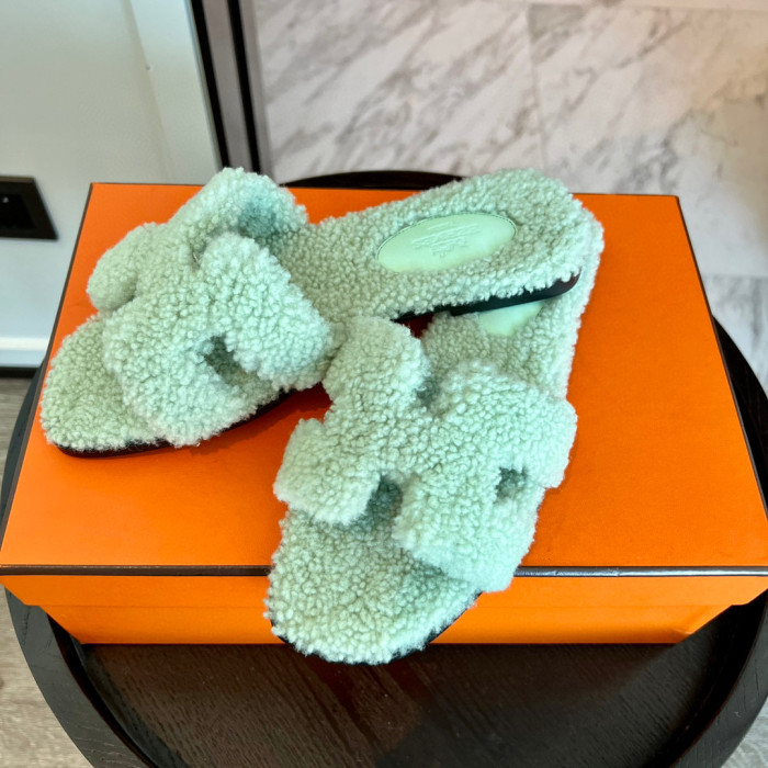 Hermes NGO Lamb Hair Flat Bottom Slippers Shoes #nigo21534