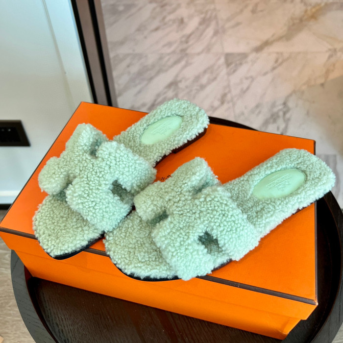 Hermes NGO Lamb Hair Flat Bottom Slippers Shoes #nigo21534