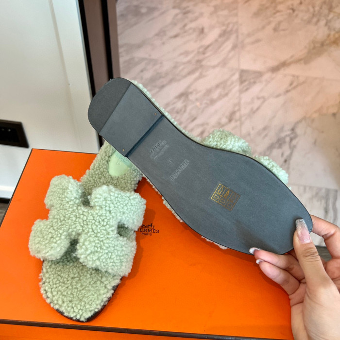 Hermes NGO Lamb Hair Flat Bottom Slippers Shoes #nigo21534
