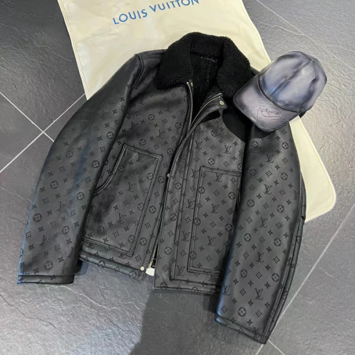 Louis Vuitton NIGO Lamb Fur Collar Patchwork Leather Jacket #nigo6463