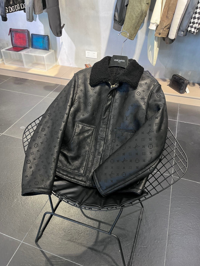 Louis Vuitton NIGO Lamb Fur Collar Patchwork Leather Jacket #nigo6463