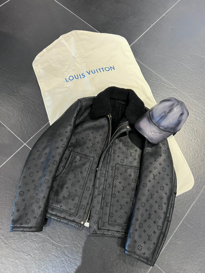 Louis Vuitton NIGO Lamb Fur Collar Patchwork Leather Jacket #nigo6463