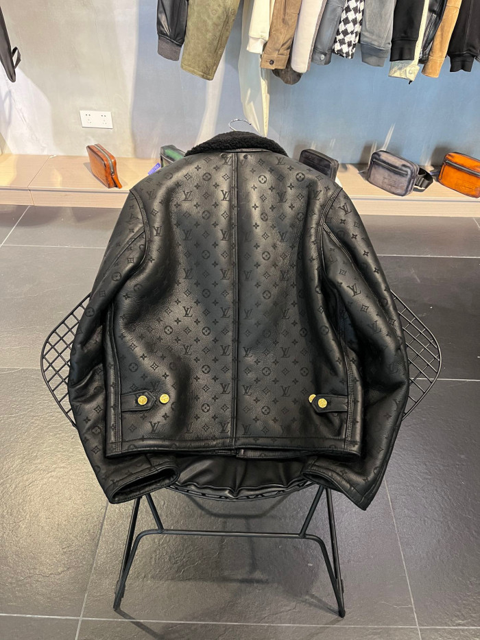 Louis Vuitton NIGO Lamb Fur Collar Patchwork Leather Jacket #nigo6463