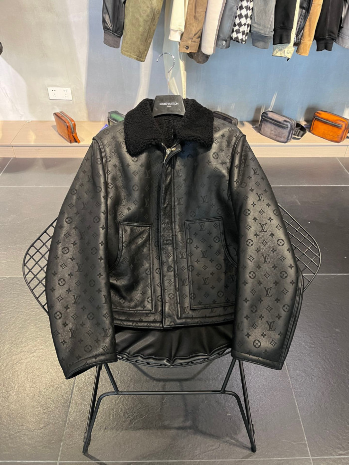 Louis Vuitton NIGO Lamb Fur Collar Patchwork Leather Jacket #nigo6463