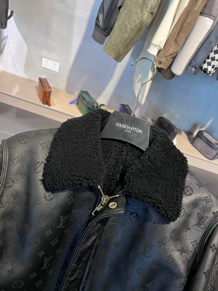 Louis Vuitton NIGO Lamb Fur Collar Patchwork Leather Jacket #nigo6463
