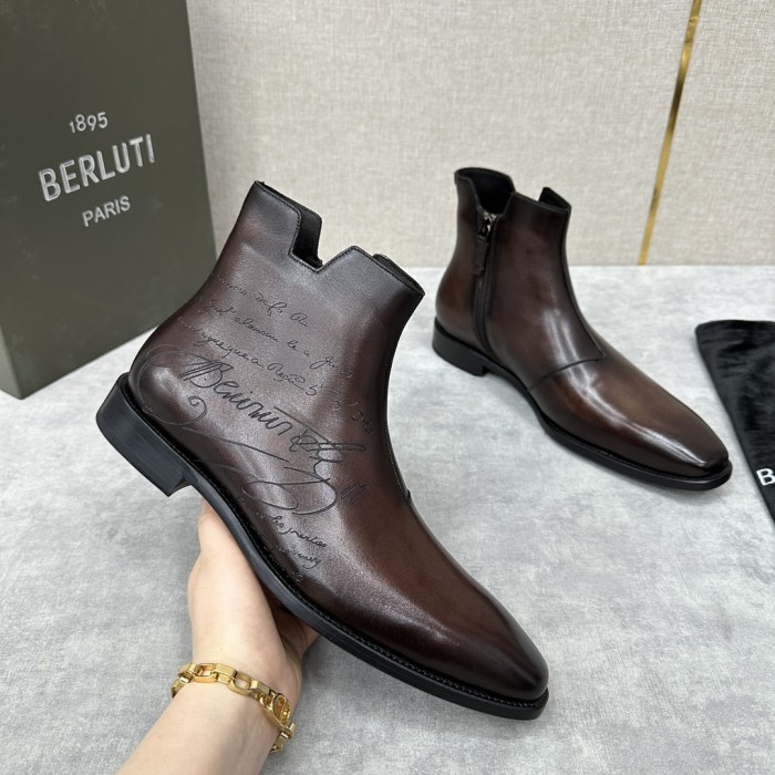 Berluti Demesure Scritto Graphic Leather Boots Ngvp #nigo6471