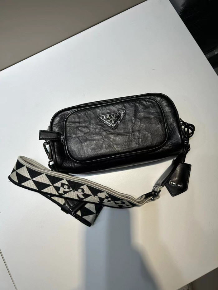 Prada NIGO Black Leather Long Shoulder Strap Crossbody Bag #nigo57423