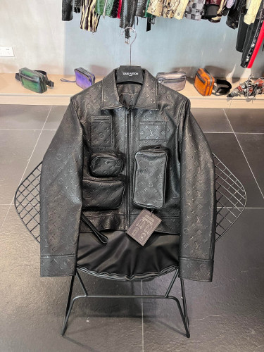 Louis Vuitton Monogram Black Multi Pocket Leather Jacket #nigo21737