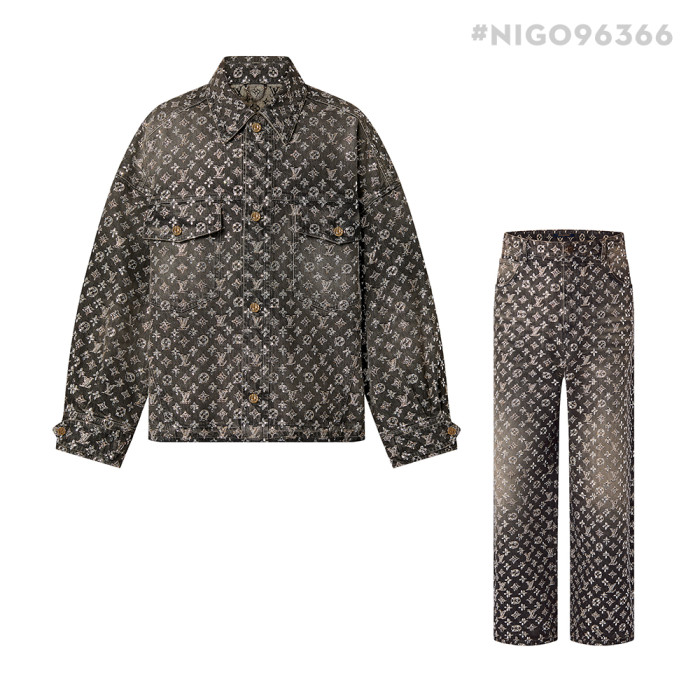 Louis Vuitton Made To Order Embroidered Monogram Baggy Denim Overshirt Jacket Jeans Pants suit Set #nigo96366