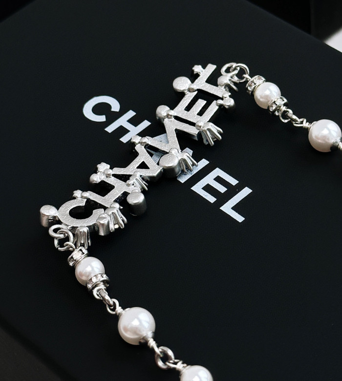 Chanel Silver Pearl Patchwork Chain Necklace #nigo57363