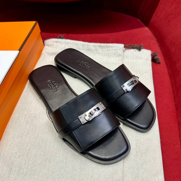 Hermès GIULIA Flat Bottom Summer Cool KELLY Button Slippers Shoes #nigo29154