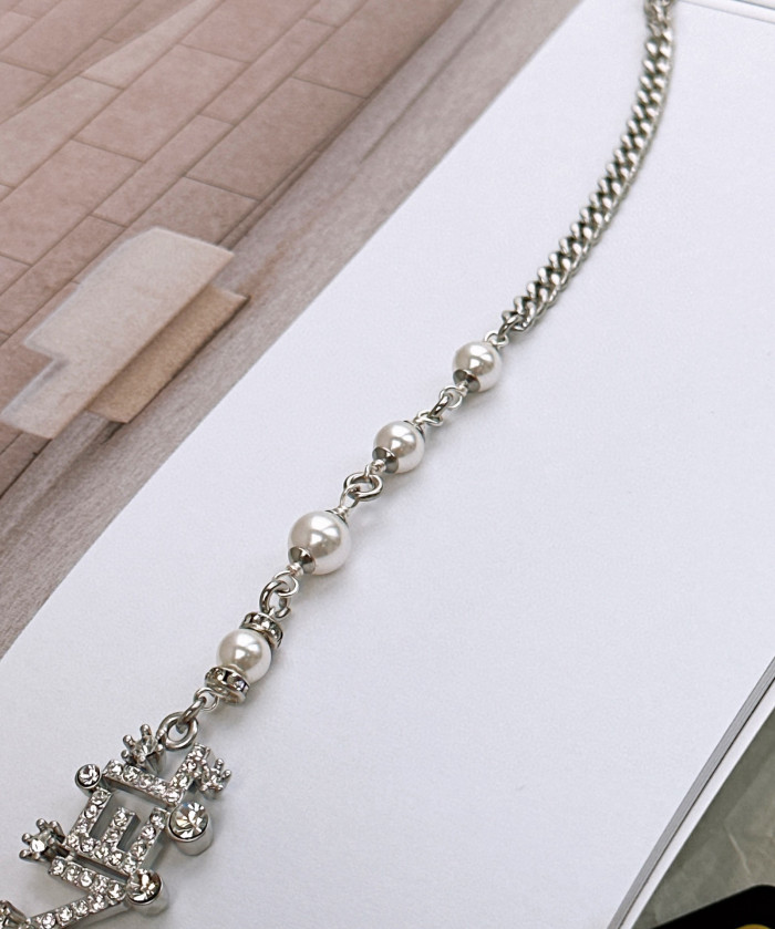 Chanel Silver Pearl Patchwork Chain Necklace #nigo57363