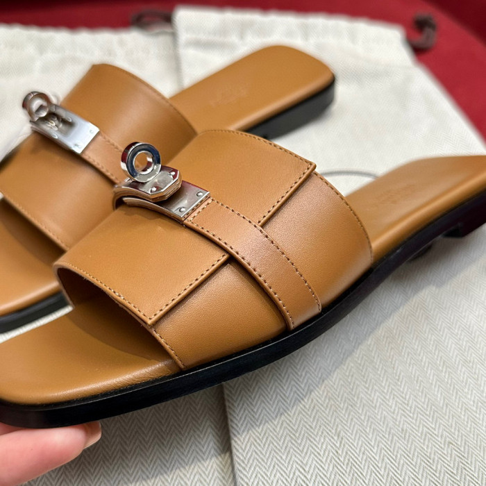 Hermès GIULIA Flat Bottom Summer Cool KELLY Button Slippers Shoes #nigo29154