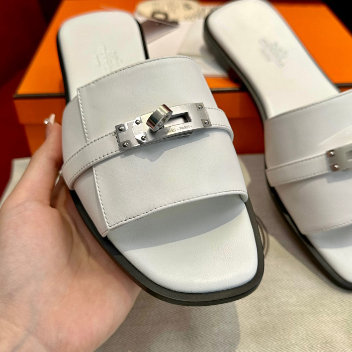 Hermès GIULIA Flat Bottom Summer Cool KELLY Button Slippers Shoes #nigo29154
