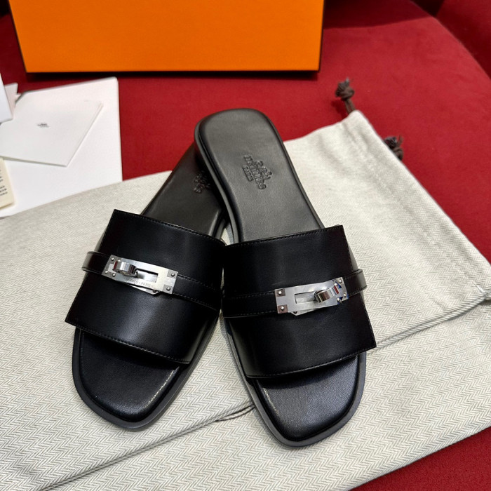 Hermès GIULIA Flat Bottom Summer Cool KELLY Button Slippers Shoes #nigo29154