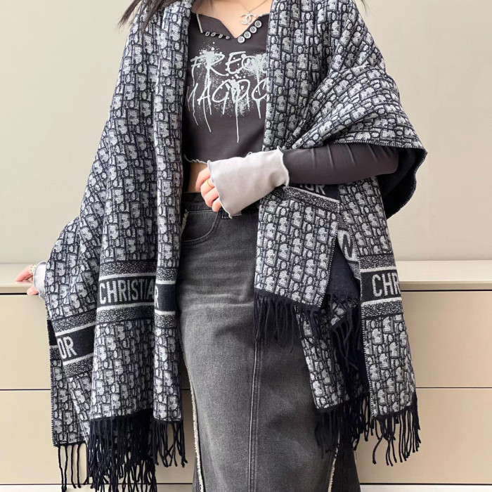 Dior Navy Letter Jacquard Large Leather Blanket Wool Scarf  #nigo56466