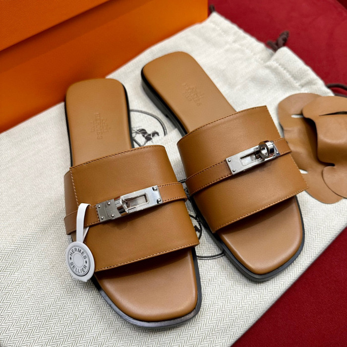 Hermès GIULIA Flat Bottom Summer Cool KELLY Button Slippers Shoes #nigo29154