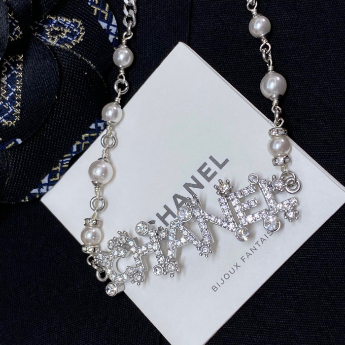 Chanel Silver Pearl Patchwork Chain Necklace #nigo57363