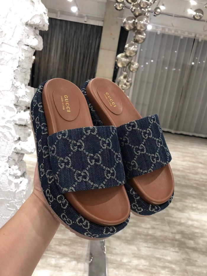 GUCCI Full Logo Denim Platform Slipper Sandals Shoes #nigo54695