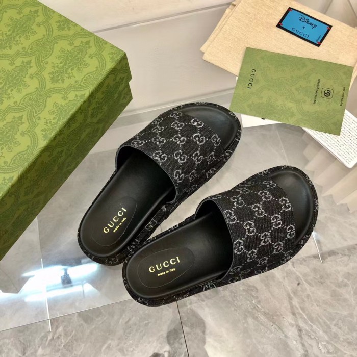 GUCCI Full Logo Denim Platform Slipper Sandals Shoes #nigo54695
