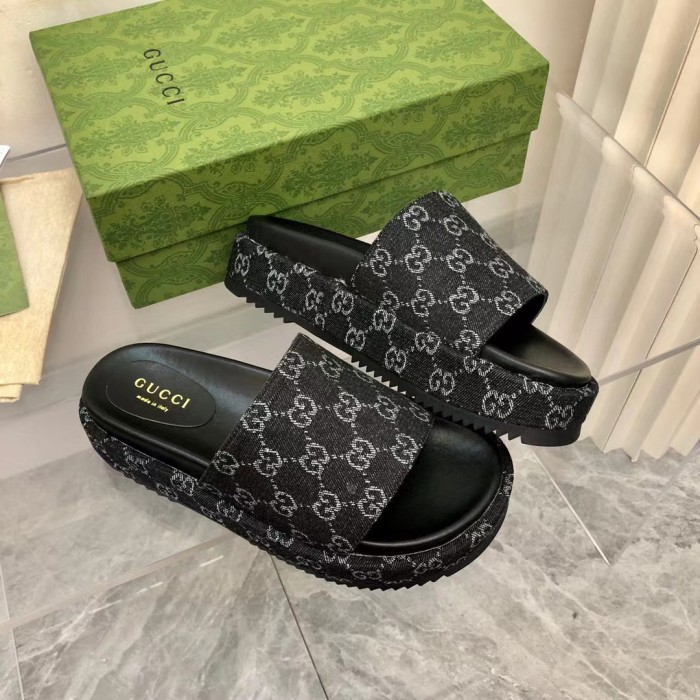 GUCCI Full Logo Denim Platform Slipper Sandals Shoes #nigo54695
