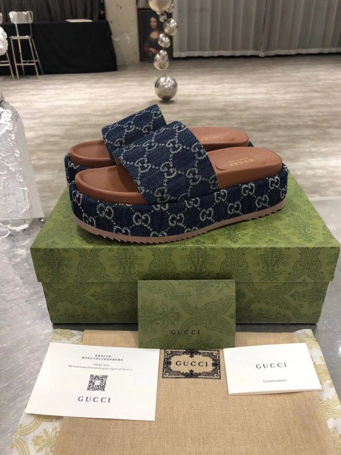 GUCCI Full Logo Denim Platform Slipper Sandals Shoes #nigo54695