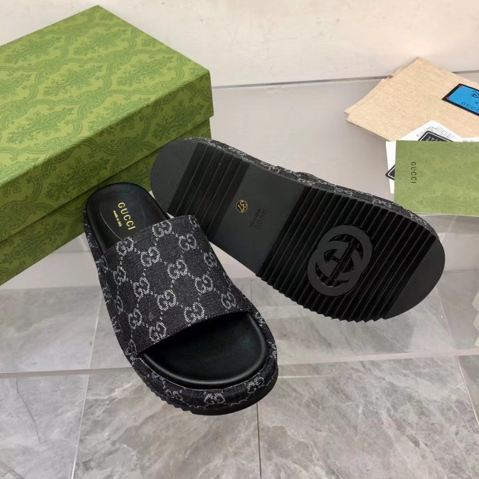 GUCCI Full Logo Denim Platform Slipper Sandals Shoes #nigo54695