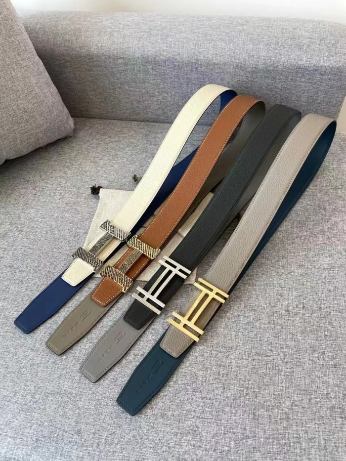 Hermes Square Overlap Light Gold Buckle Leather Belt #nigo54467