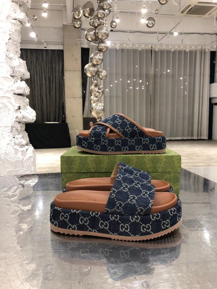 GUCCI Full Logo Denim Platform Slipper Sandals Shoes #nigo54695