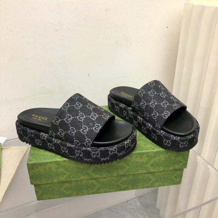 GUCCI Full Logo Denim Platform Slipper Sandals Shoes #nigo54695