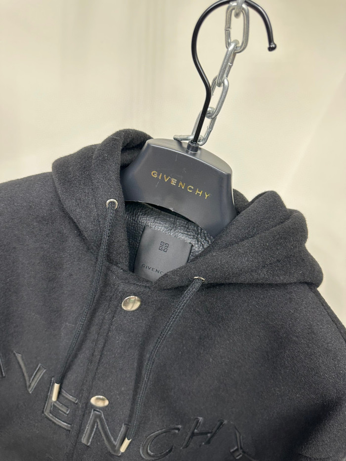 Givenchy Leather Wool Long Sleeve Hooded Zip Split Hat Jacket #nigo1432