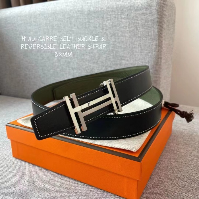 Hermes Square Overlap Light Gold Buckle Leather Belt #nigo54467