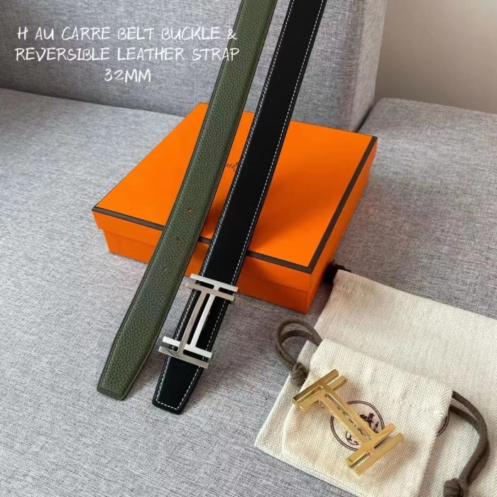 Hermes Square Overlap Light Gold Buckle Leather Belt #nigo54467