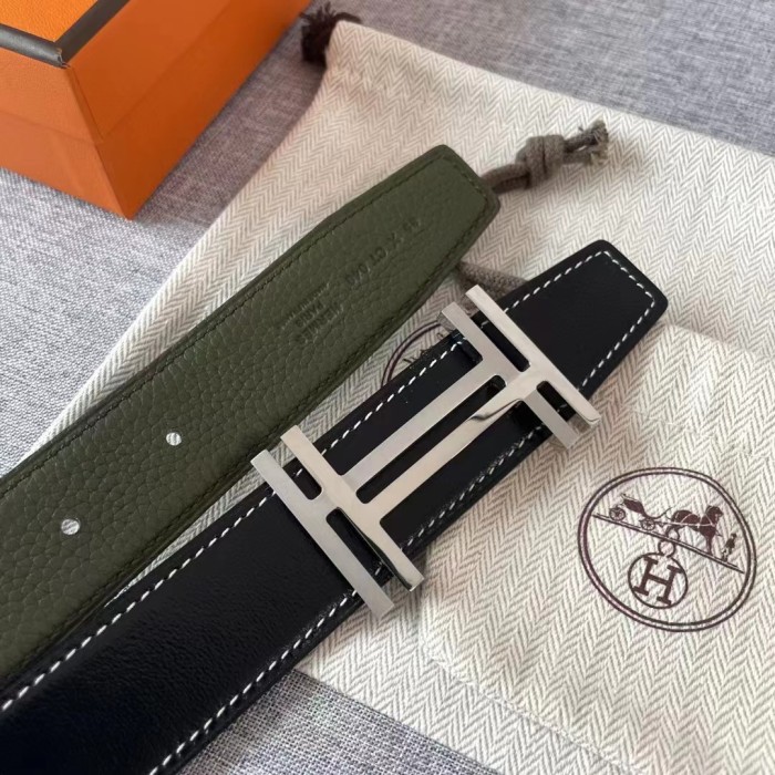 Hermes Square Overlap Light Gold Buckle Leather Belt #nigo54467