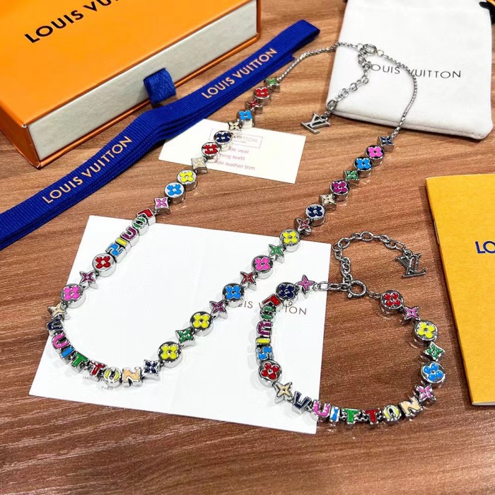 Louis Vuitton Colorful Floral Letter Bracelet Beaded Necklace Set Jewelry #nigo89167