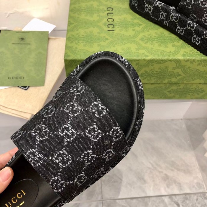 GUCCI Full Logo Denim Platform Slipper Sandals Shoes #nigo54695