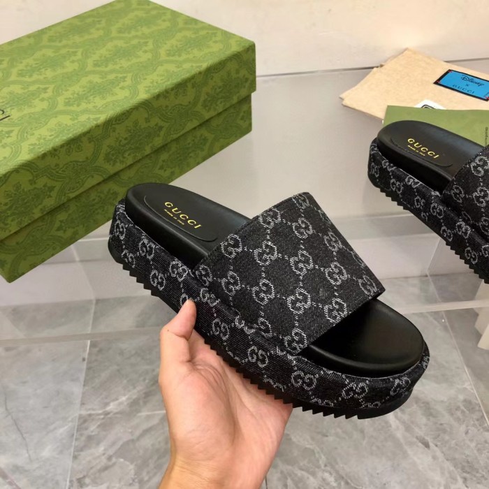 GUCCI Full Logo Denim Platform Slipper Sandals Shoes #nigo54695