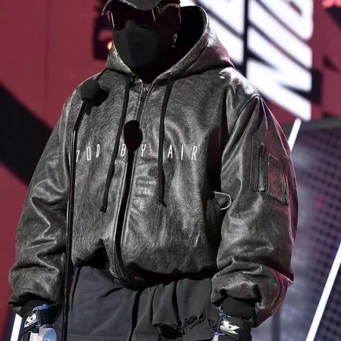 NIGO HOOD BY AIR Men's Winter Solid Color Retro Burst Pattern Long Sleeved Hooded Leather Coat Jacket Ngvp #nigo6258