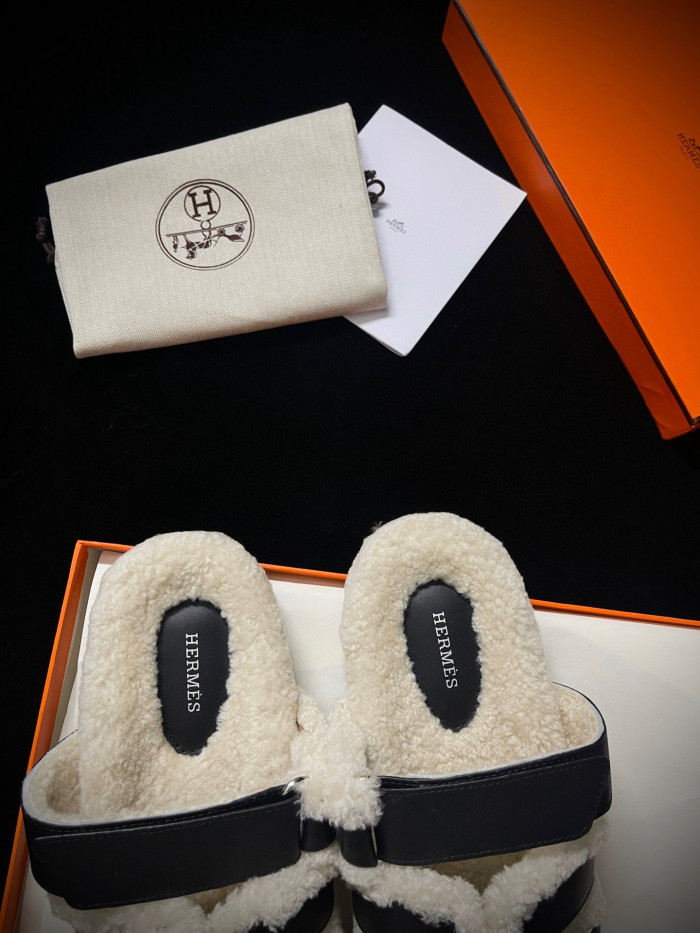 Hermes Plush Flat Bottomed Slippers #nigo21487