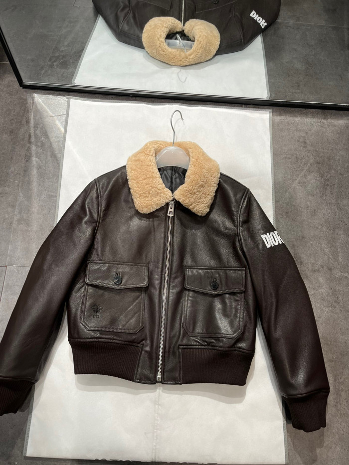 Dior Fur Collar Zip Leather Jacket #nigo96669
