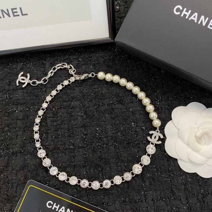 Chanel Letter Silver Full Diamond Pearl Necklace #nigo96846