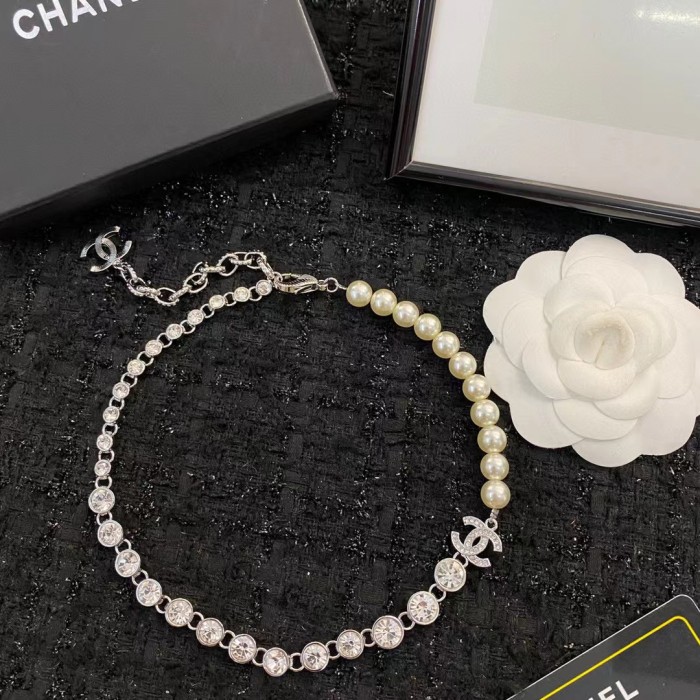 Chanel Letter Silver Full Diamond Pearl Necklace #nigo96846
