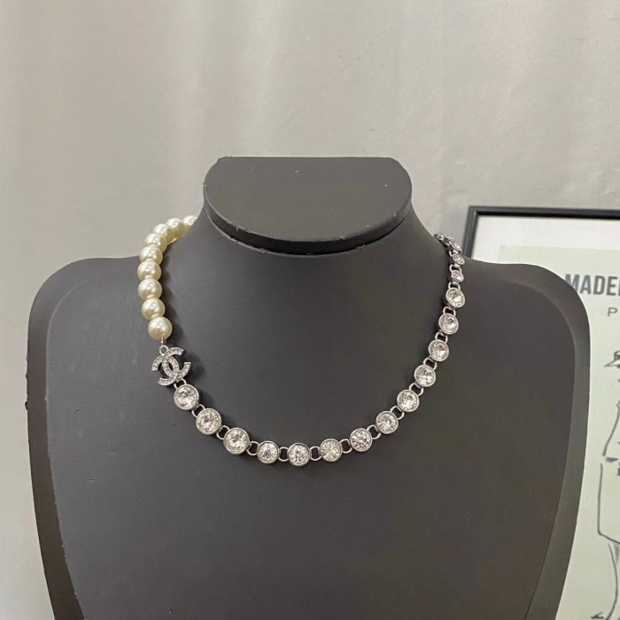 Chanel Letter Silver Full Diamond Pearl Necklace #nigo96846