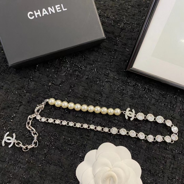 Chanel Letter Silver Full Diamond Pearl Necklace #nigo96846