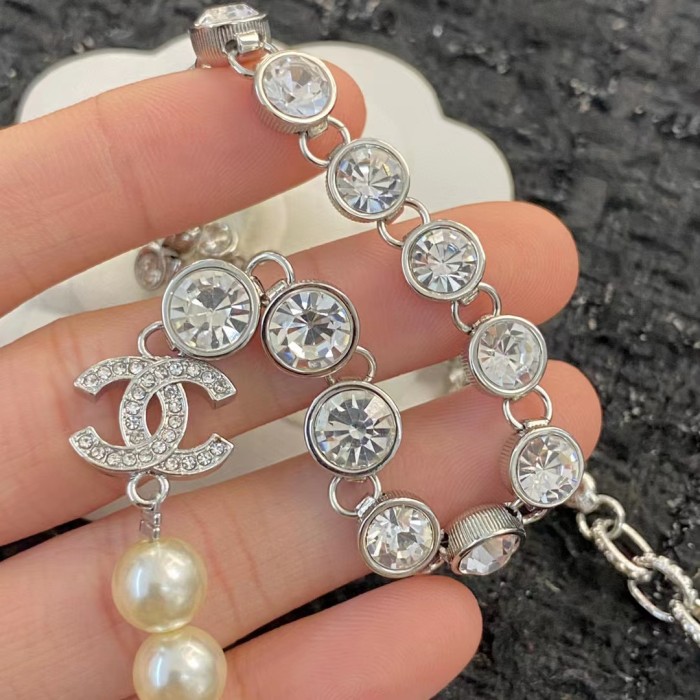 Chanel Letter Silver Full Diamond Pearl Necklace #nigo96846