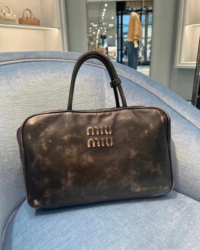 NIGO MiuMiu Women's Sand/Curry Leather Bowling Bag Handbag Bags #nigo96874