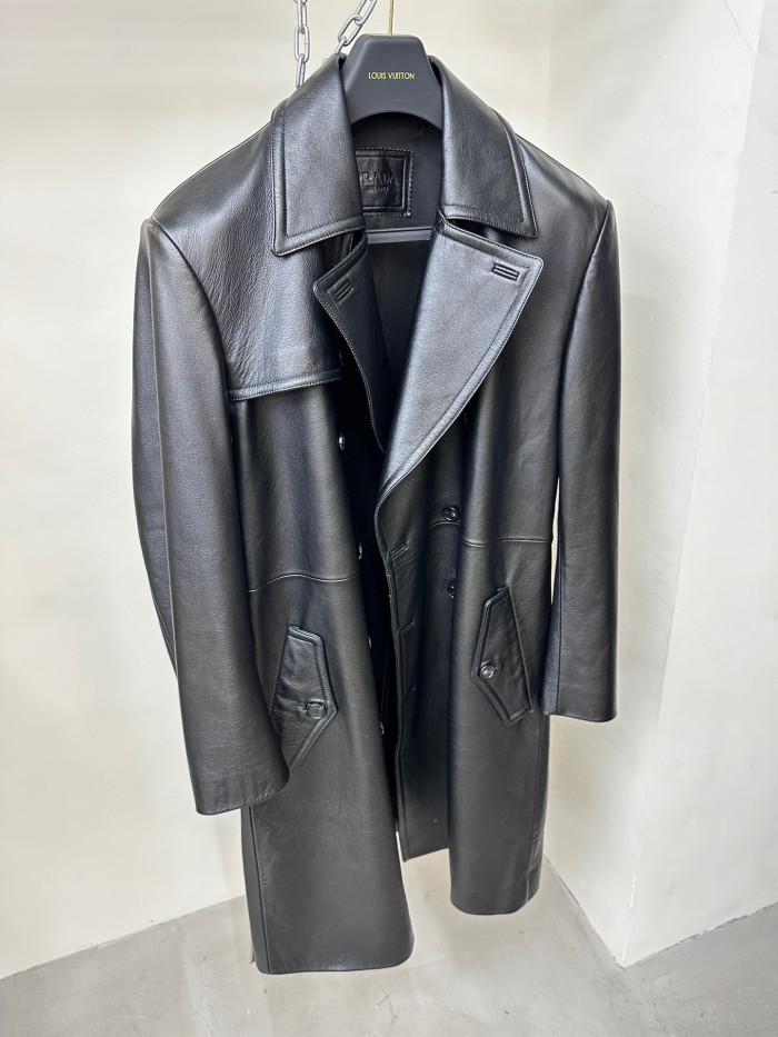 NIGO Prada Men's Winter Long Leather Belted Tie Coat Jacket #nigo96928