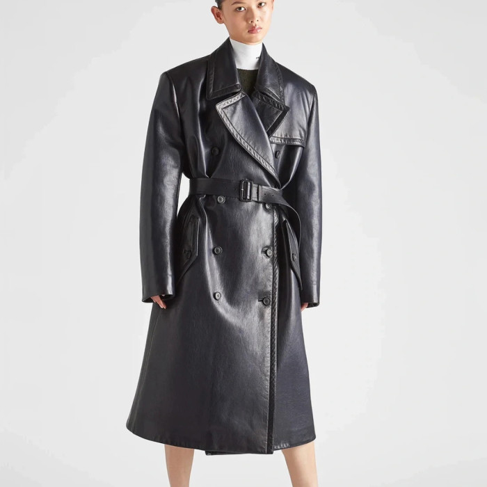 NIGO Prada Men's Winter Long Leather Belted Tie Coat Jacket #nigo96928