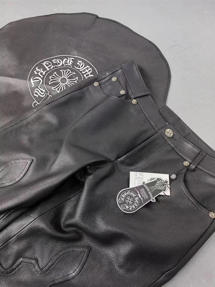 NIGO Chrome Hearts Mens Black Leather Slim Fit Trousers Pants #nigo96922