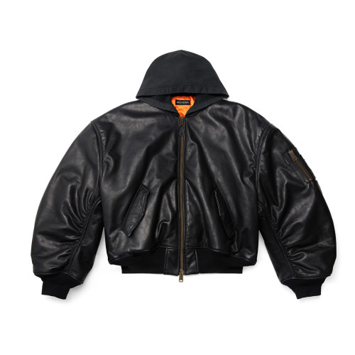 NIGO Balenciaga Men's Winter Black Zipper Long Sleeve Hooded Pilot Loose Leather Jacket Ngvp #nigo6986